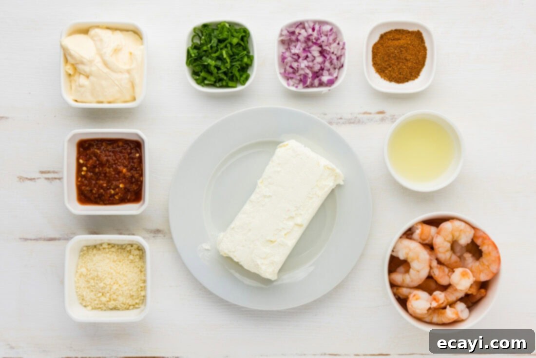 Creamy Shrimp Delight 4 A flat lay photo of all the fresh ingredients needed for making creamy shrimp dip