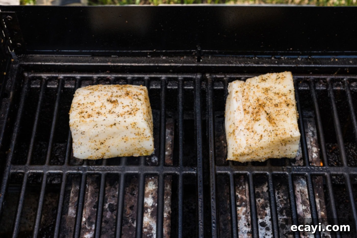 Buttery Grilled Chilean Sea Bass 7 Seasoned Chilean sea bass fillets being placed directly onto hot grill grates, starting to develop a crust.