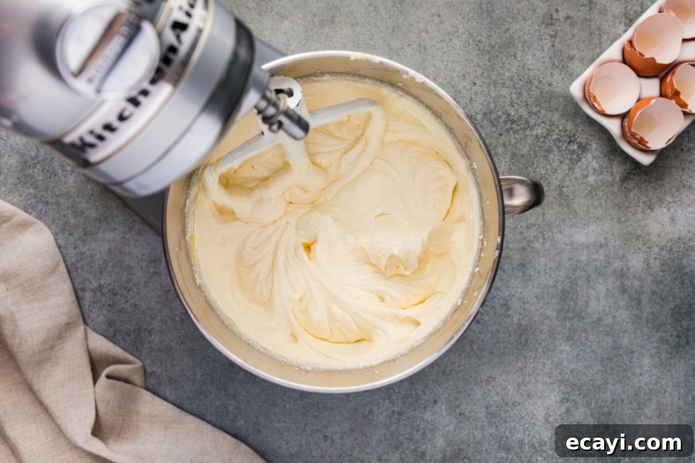 Spiced Apple Cider Pound Cake 8 The fully mixed butter, egg, sugar, and shortening mixture, light and fluffy, in a stand mixer bowl.