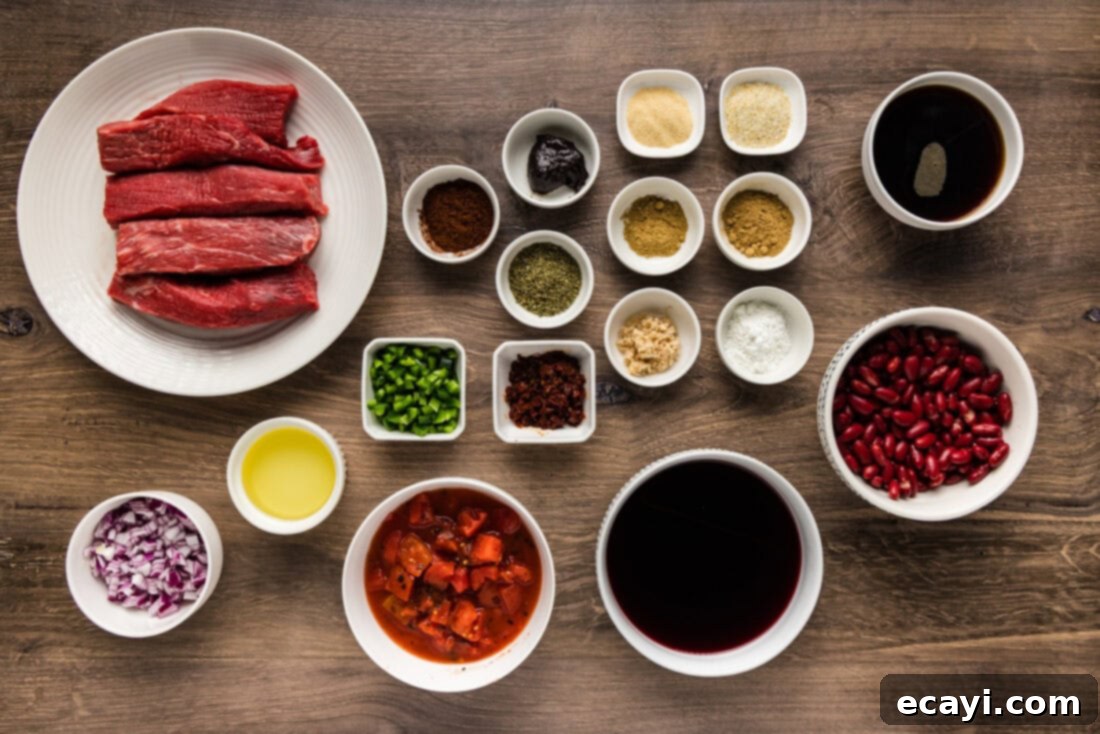 Fork-Tender Short Rib Chili 4 A curated selection of fresh ingredients ready for making Short Rib Chili