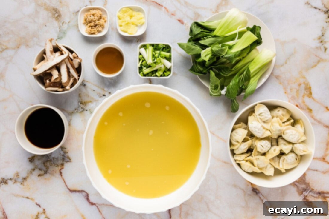 Wonton Wonders 4 Various fresh ingredients laid out for making wonton soup, including bok choy, mushrooms, ginger, and green onions.