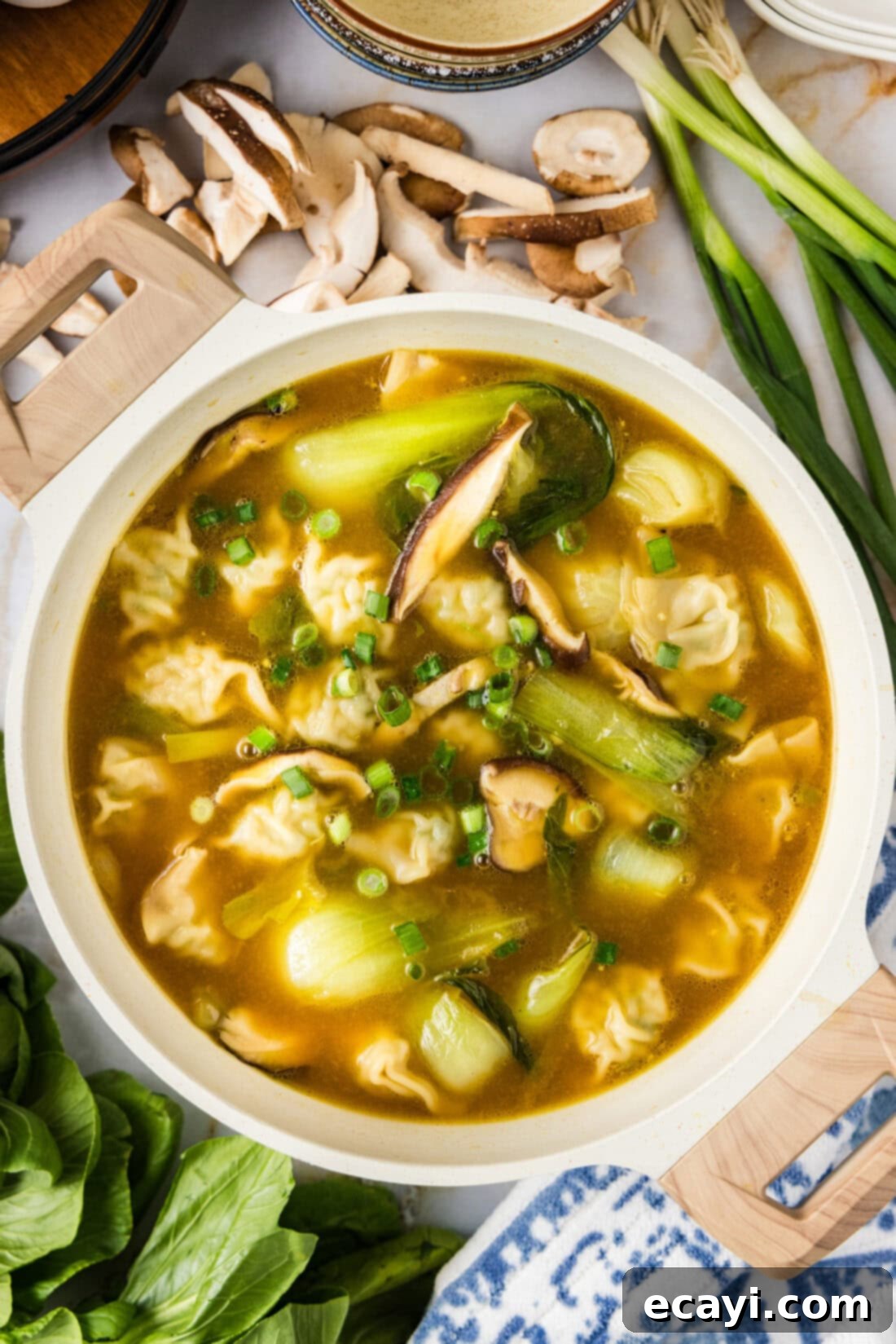 Wonton Wonders 10 A beautiful bowl of wonton soup surrounded by fresh, colorful vegetables including bok choy, green onions, and ginger slices.