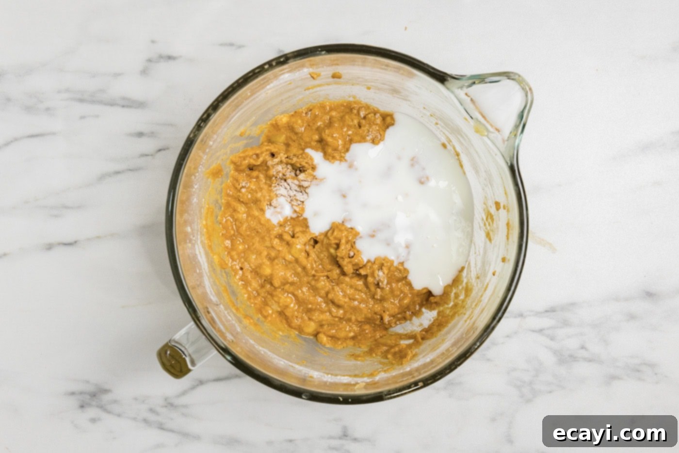 Spiced Pumpkin Banana Loaf 10 buttermilk added to pumpkin banana batter