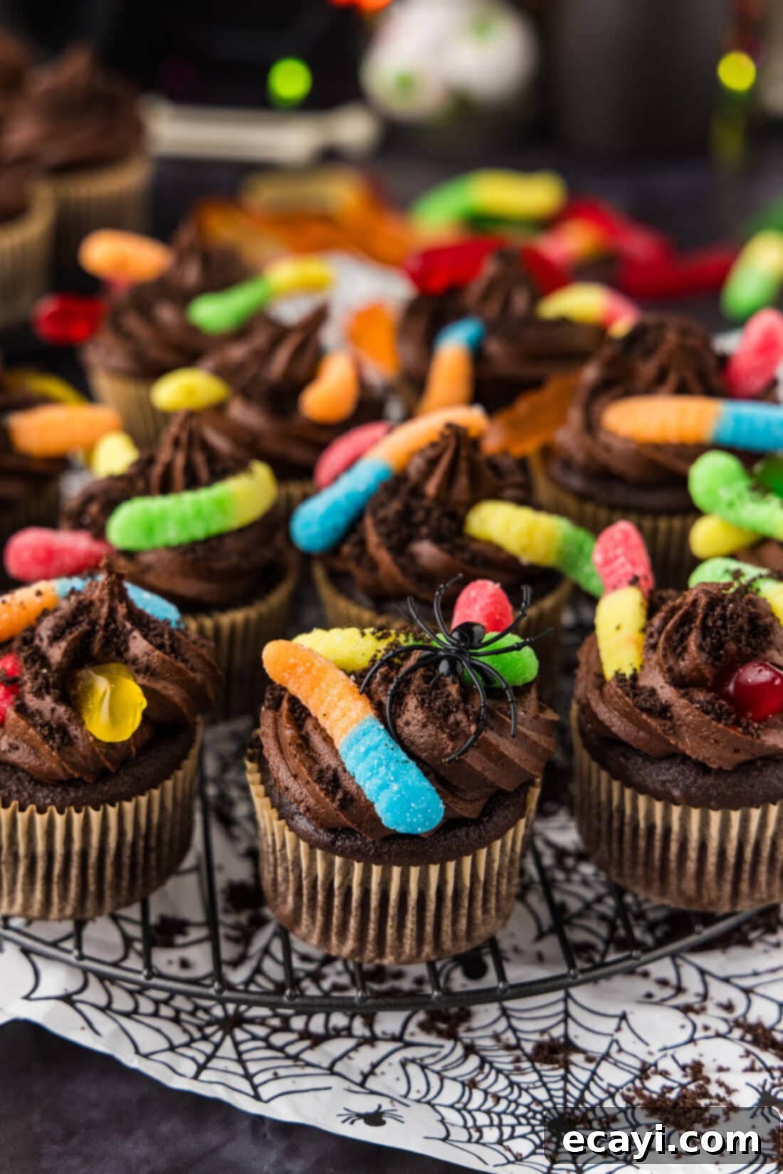 Graveyard Crumble Cups 2 Halloween Dirt Cupcakes on a wire rack