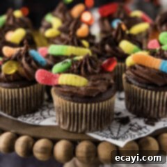 Graveyard Crumble Cups 12 Close up photo of Halloween Dirt Cupcakes on a platter
