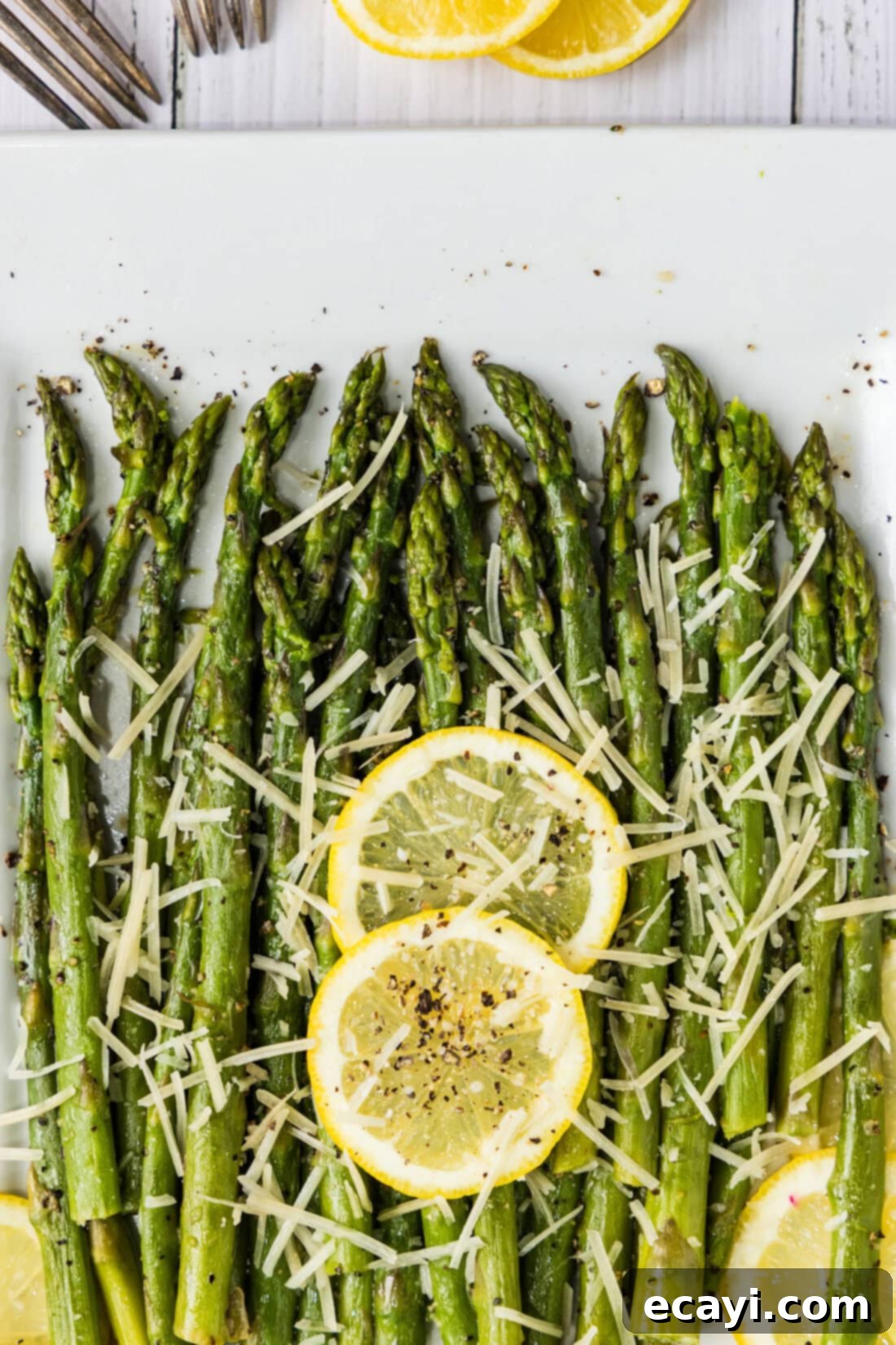 Quick and Tender Instant Pot Asparagus 9 Close up photo of a platter of Instant Pot Asparagus