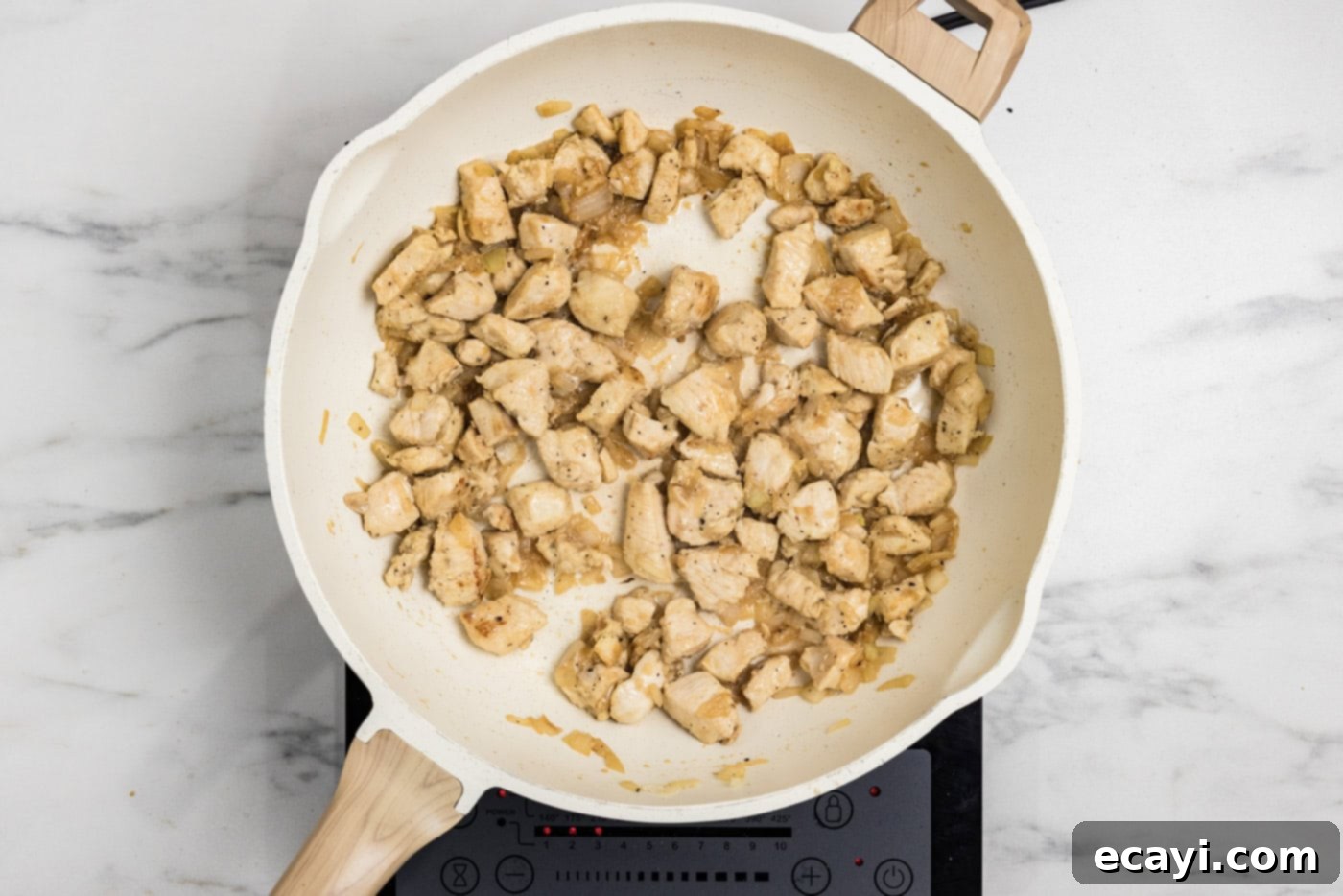 Luscious Chicken Carbonara 7 chicken cubes cooked in a skillet
