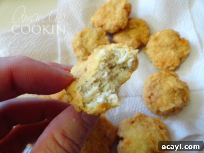 Easy Homemade Chicken Nuggets 4 A close-up, mouth-watering photo of a single, perfectly golden and crispy homemade chicken nugget.