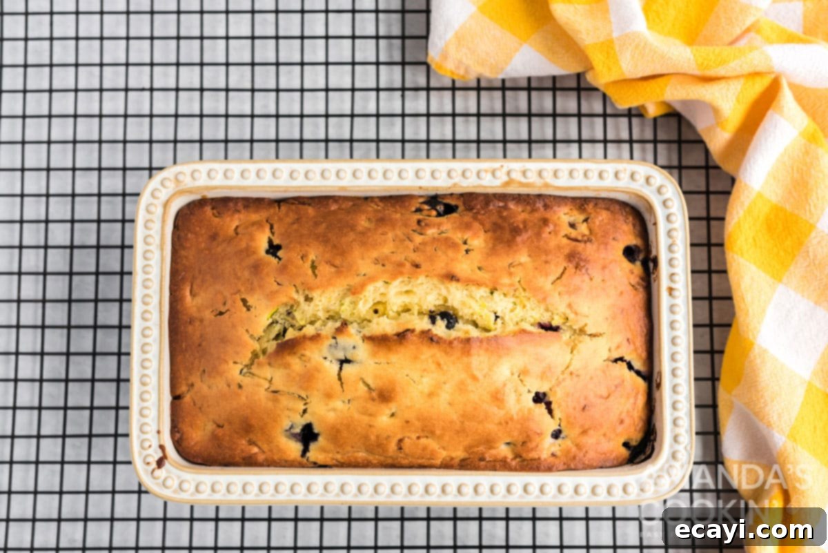 Freshly Baked Lemon Blueberry Zucchini Bread Cooling fully baked lemon zucchini bread in pan on wire rack