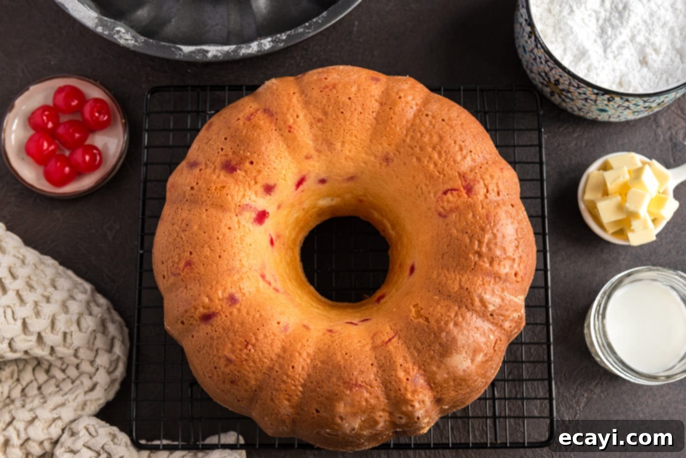 Ruby Maraschino Bundt 12 overhead of cherry bundt cake