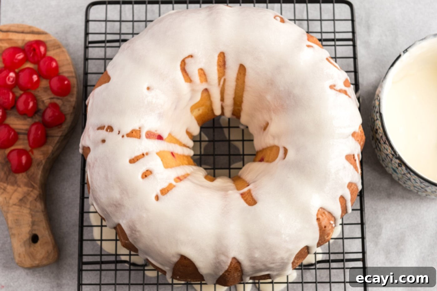 Ruby Maraschino Bundt 16 almond glaze on top of cherry bundt cake