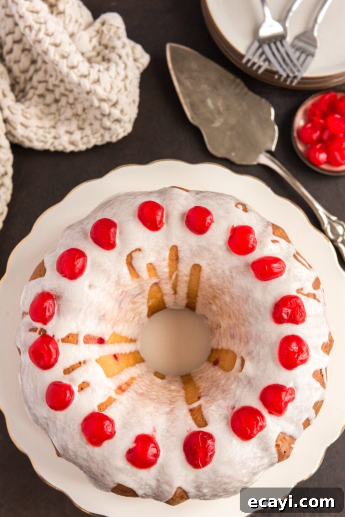 Ruby Maraschino Bundt 3 Overhead photo of a Maraschino Cherry Bundt Cake