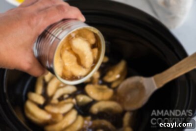 Cozy Apple Cobbler 7 Emptying two cans of apple pie filling into the crockpot, forming the base layer.