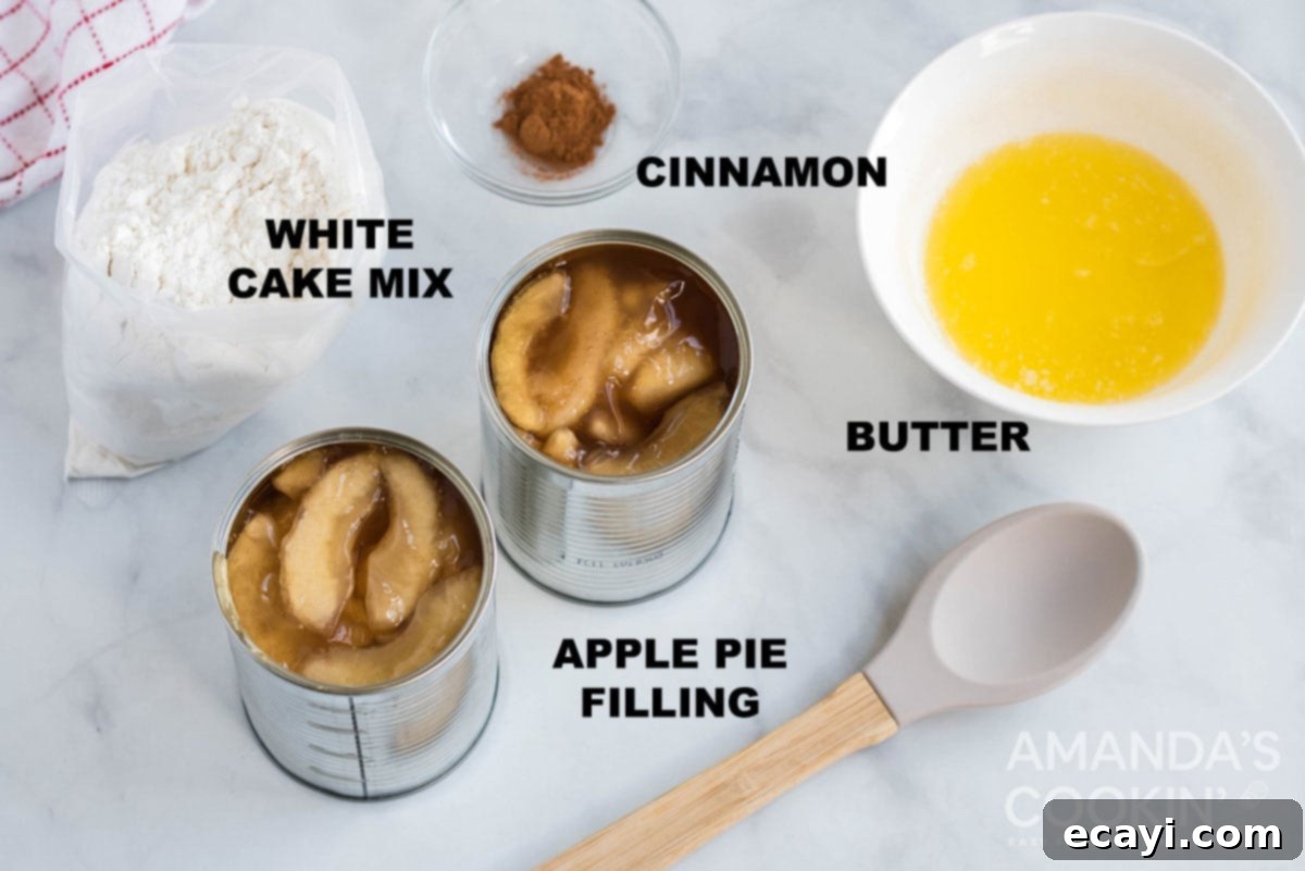 Cozy Apple Cobbler 3 Labeled ingredients for crockpot apple cobbler: apple pie filling cans, cake mix box, cinnamon, and melted butter.