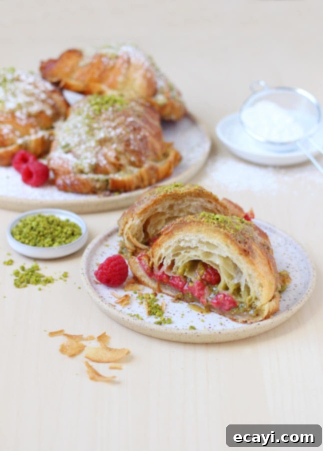 Effortless Pistachio Croissant Indulgence 6 Final plated Pistachio Croissants, garnished with fresh berries and powdered sugar, a perfect gourmet breakfast.