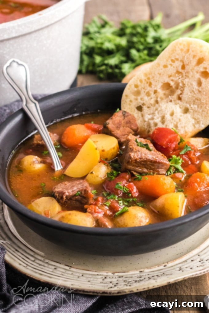 Anytime is the perfect time of year to make this dutch oven goulash. This dutch oven goulash recipe is pure comfort food and so delicious! #goulash #beefdinner #beefstew #beefstewrecipe #goulashrecipe #dutchovenrecipes #dinner #beefstewcubes #potatoes #onions #carrots #paprika #comfortfood bowl of goulash with bread