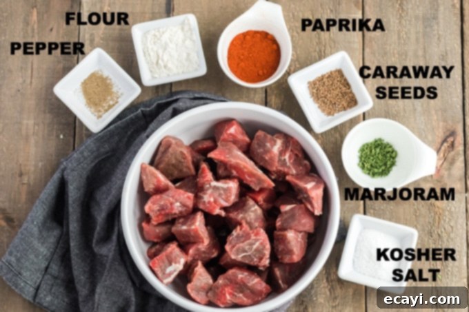 Anytime is the perfect time of year to make this dutch oven goulash. This dutch oven goulash recipe is pure comfort food and so delicious! #goulash #beefdinner #beefstew #beefstewrecipe #goulashrecipe #dutchovenrecipes #dinner #beefstewcubes #potatoes #onions #carrots #paprika #comfortfood spice ingredients for goulash