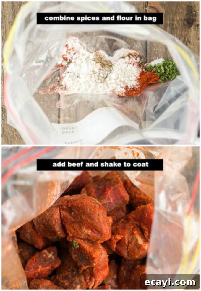Comforting Homemade Goulash 3 shaking meat with spices in bag