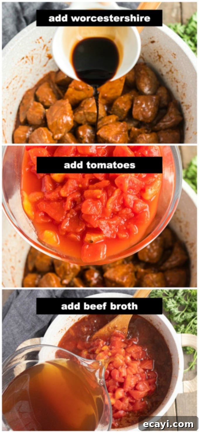 Comforting Homemade Goulash 5 adding broth and tomatoes to pan