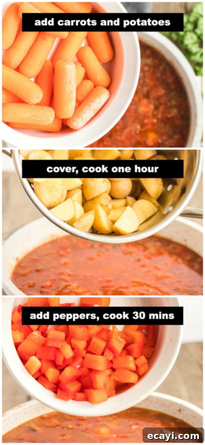 Comforting Homemade Goulash 6 adding vegetables for goulash into pan