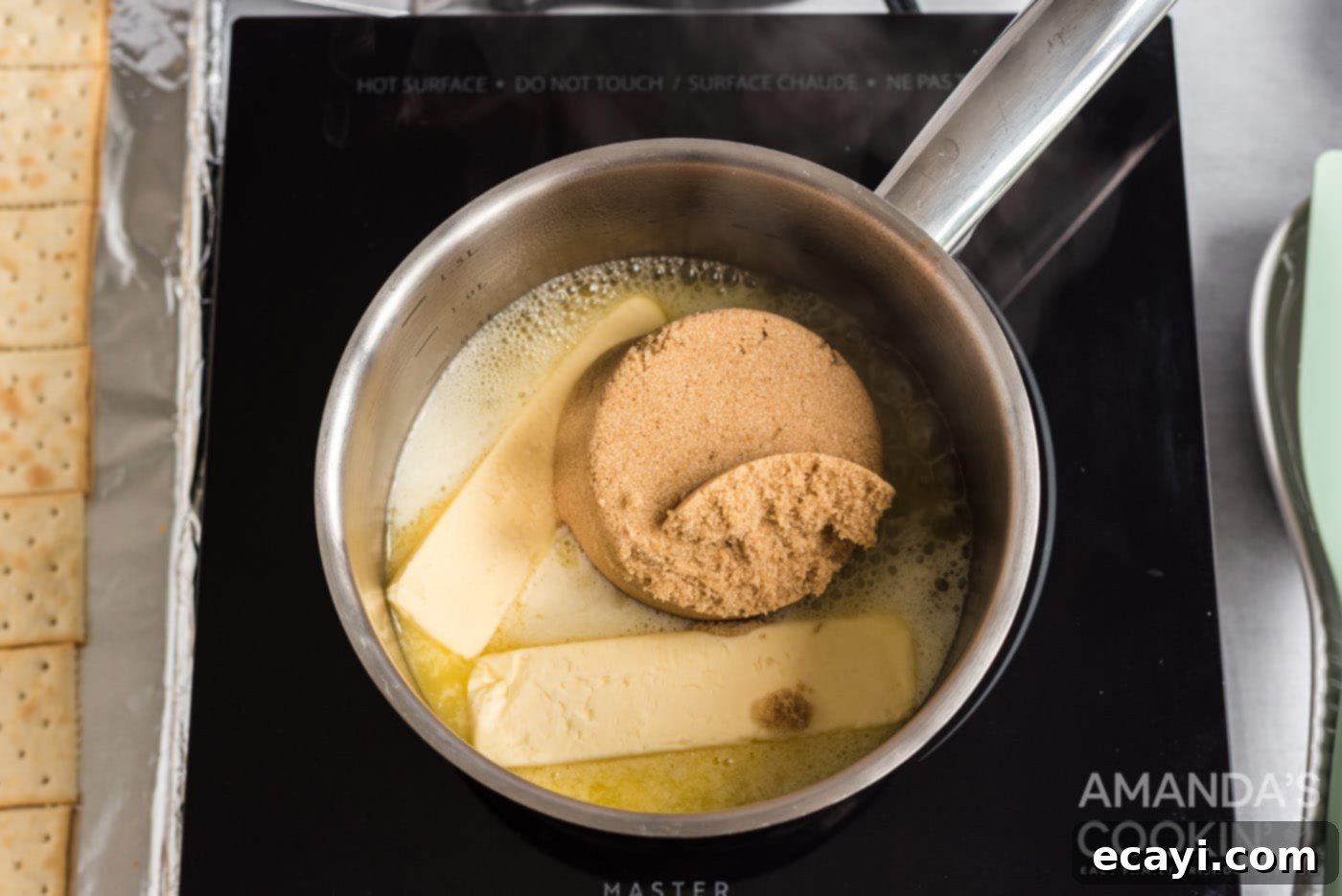 Salty Sweet Toffee Crunch 6 brown sugar and butter in a saucepan
