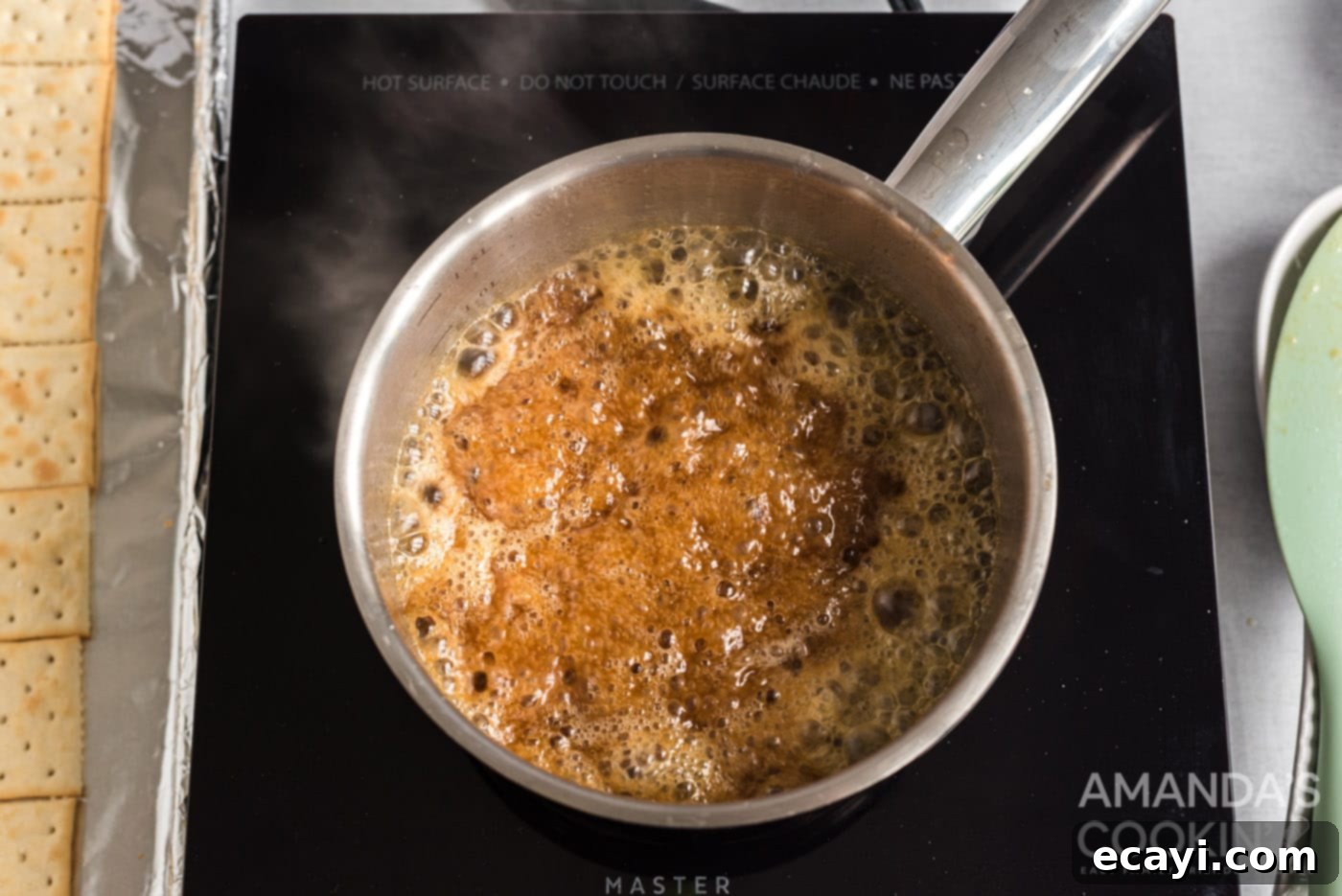 Salty Sweet Toffee Crunch 7 homemade caramel in a saucepan