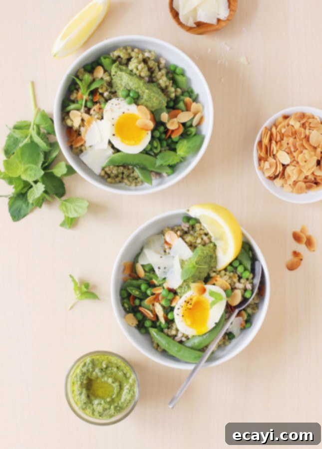 Sweet Pea & Jammy Egg Pesto Bowls 2 Sweet Pea Bowls with Soft-Boiled Eggs and Pea Pesto, from Build-a-Bowl // FoodNouveau.com