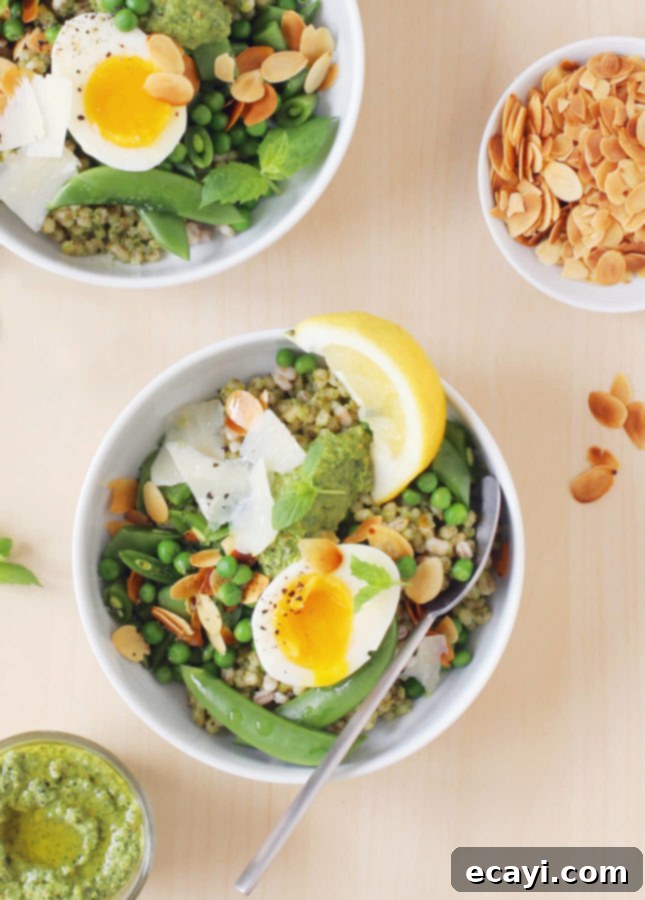 Sweet Pea & Jammy Egg Pesto Bowls 5 Sweet Pea Bowls with Soft-Boiled Eggs and Pea Pesto, from Build-a-Bowl // FoodNouveau.com