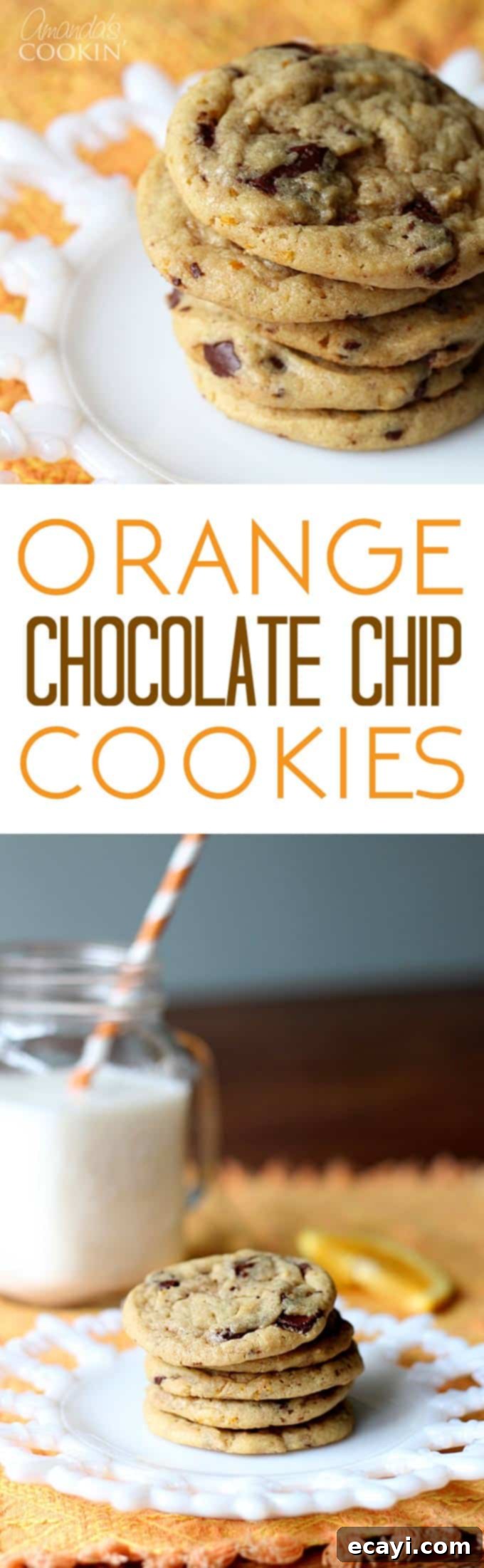 Citrus-Kissed Chocolate Chip Treats 8 A collection of photos showing stacks of delicious orange chocolate chip cookies.