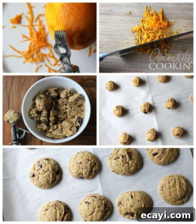 Citrus-Kissed Chocolate Chip Treats 3 A step-by-step photo collage illustrating the process of making orange chocolate chip cookies from mixing to baking.
