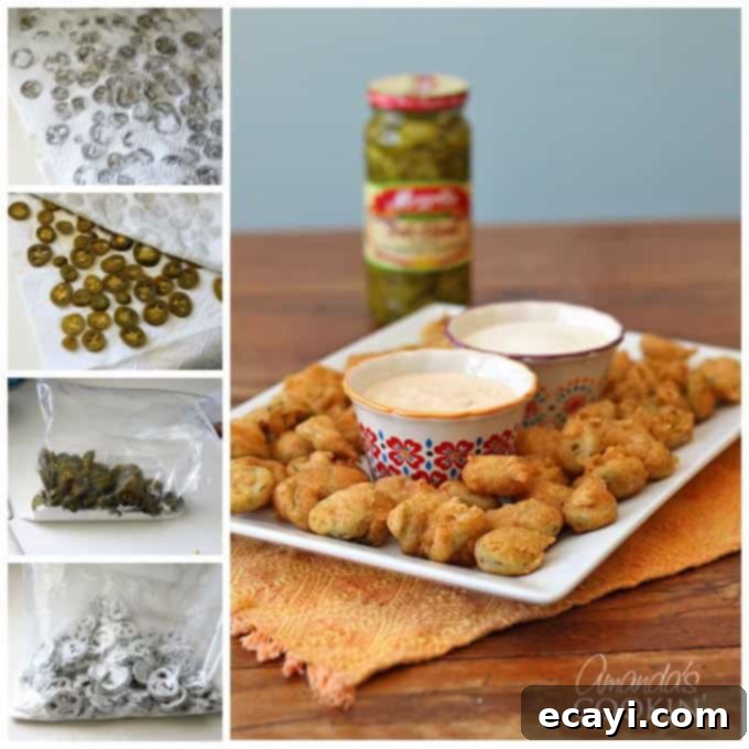Crispy Fried Jalapeno Bites 5 Photos of the steps to make crispy fried jalapeno slices.