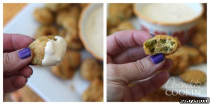 Crispy Fried Jalapeno Bites 6 A photo of a crispy fried jalapeno slice dipped in ranch and another photo of a half eaten crispy jalapeno slice.