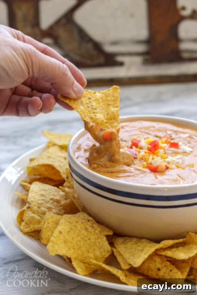 This 3-ingredient chili cheese dip is microwave-ready and perfect for any party! chili cheese dip in a bowl with tortilla chips