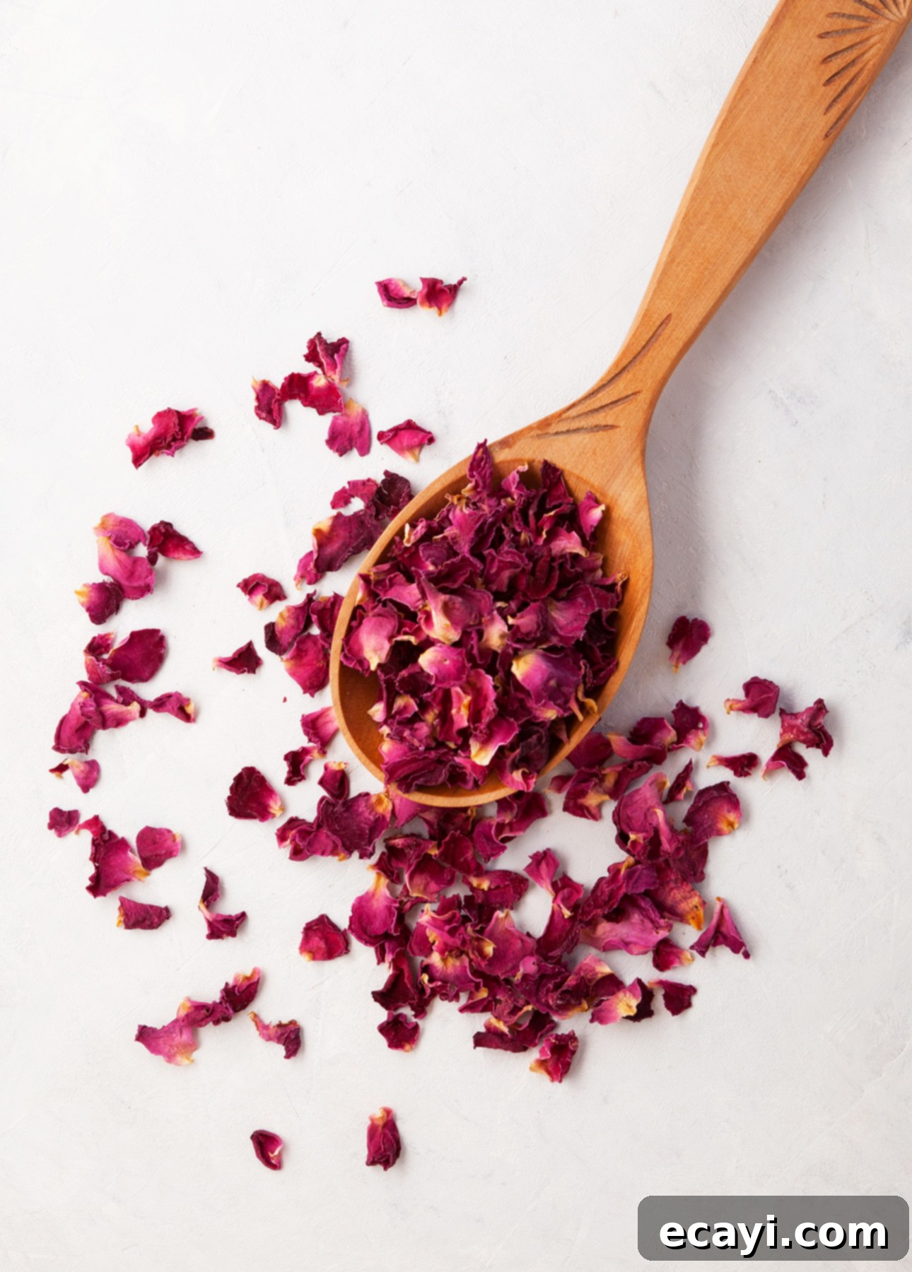 Creamy Raspberry Rose Gelato 5 A rustic wooden spoon filled to the brim with vibrant, dried red rose petals, resting gently on a light-colored surface. More delicate rose petals are elegantly scattered around the spoon, creating a beautiful and aromatic display. // FoodNouveau.com