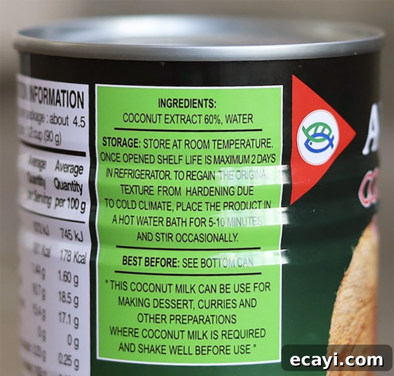 Crafting Creamy Vegan Gelato at Home 7 A close-up of a can with a label revealing ingredients and storage instructions for full-fat coconut milk, emphasizing 'coconut extract 60%'. This detail is crucial for achieving creamy vegan gelato texture. // FoodNouveau.com