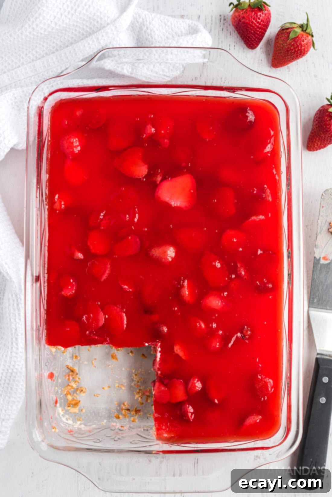 Strawberry Pretzel Delight 3 A full 9x13 inch pan of Strawberry Pretzel Salad, ready to be chilled, showing the three distinct layers before cutting.