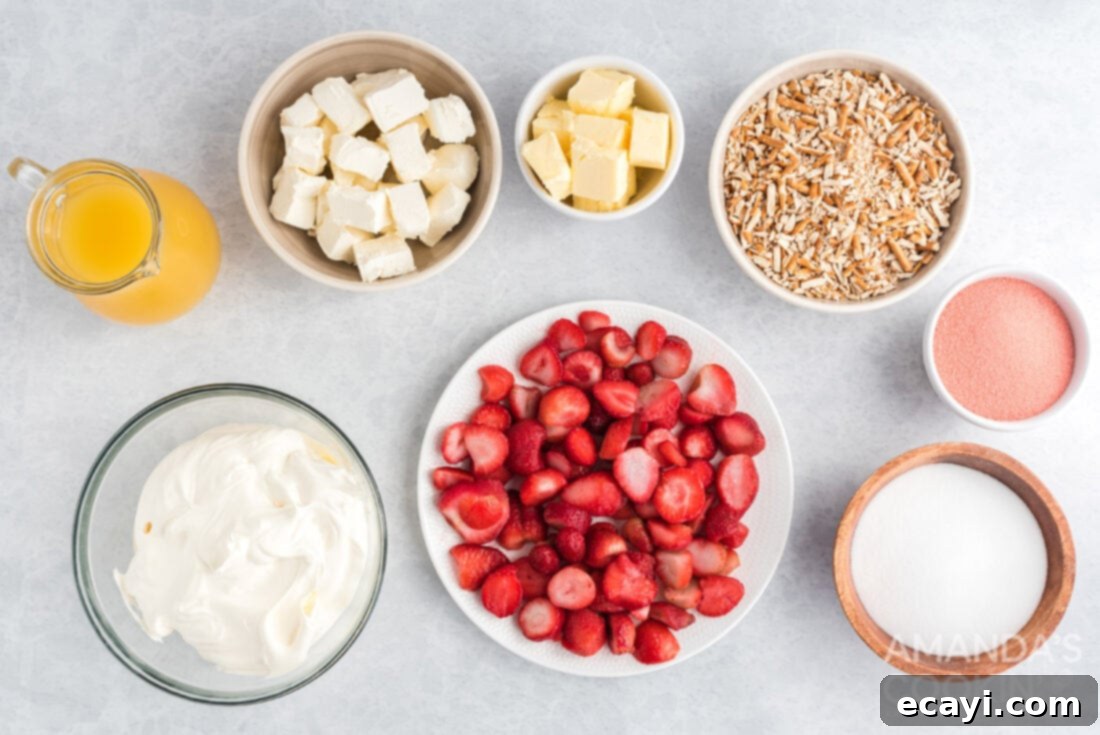 Strawberry Pretzel Delight 4 Individual ingredients laid out for making Strawberry Pretzel Salad, including pretzels, butter, sugar, cream cheese, whipped topping, strawberry gelatin, pineapple juice, and strawberries.