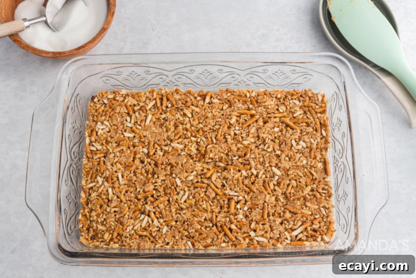 Strawberry Pretzel Delight 6 A perfectly formed pretzel crust evenly spread in a baking pan, golden brown after baking.