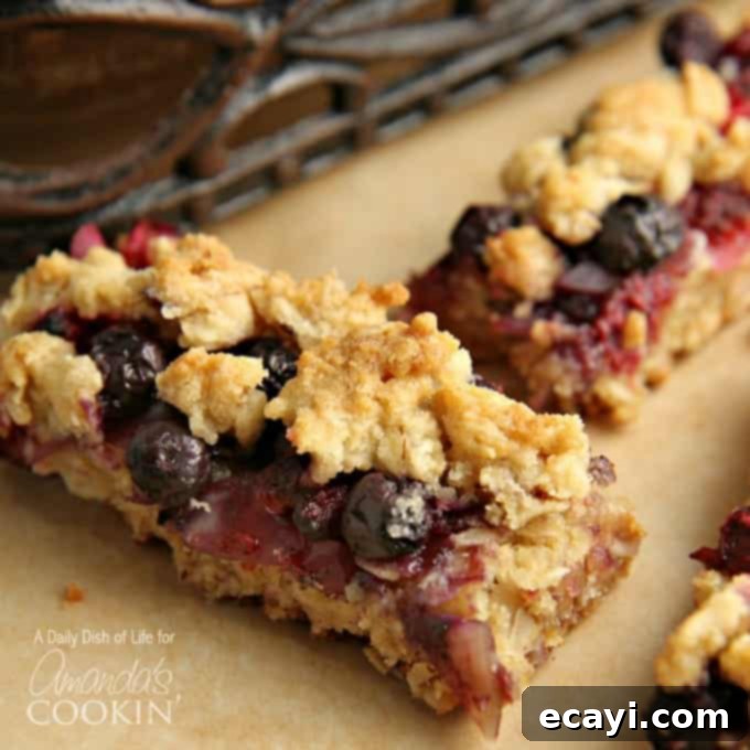 Berry Bliss Bars 2 A close up photo of two Berrylicious Cookie Bars, highlighting the golden crust and vibrant berry filling.