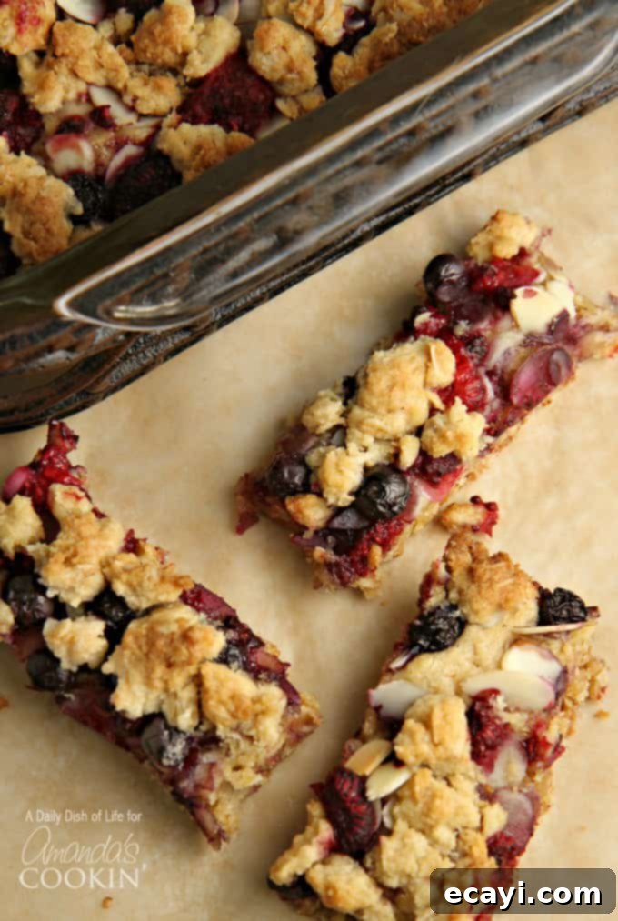 Berry Bliss Bars 3 A close up overhead photo of three Berrylicious Cookie Bars, showcasing the crumble topping and mixed berry filling.