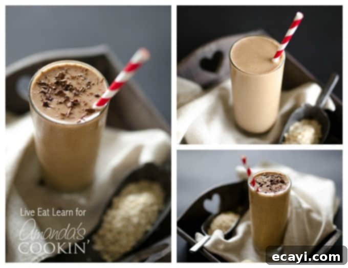 Versatile and Delicious Coffee Smoothie. A collage displaying four different angles and garnishes of the loaded coffee smoothie, emphasizing its visual appeal and versatility. Each image shows the smoothie in a clear glass, inviting viewers to try it.