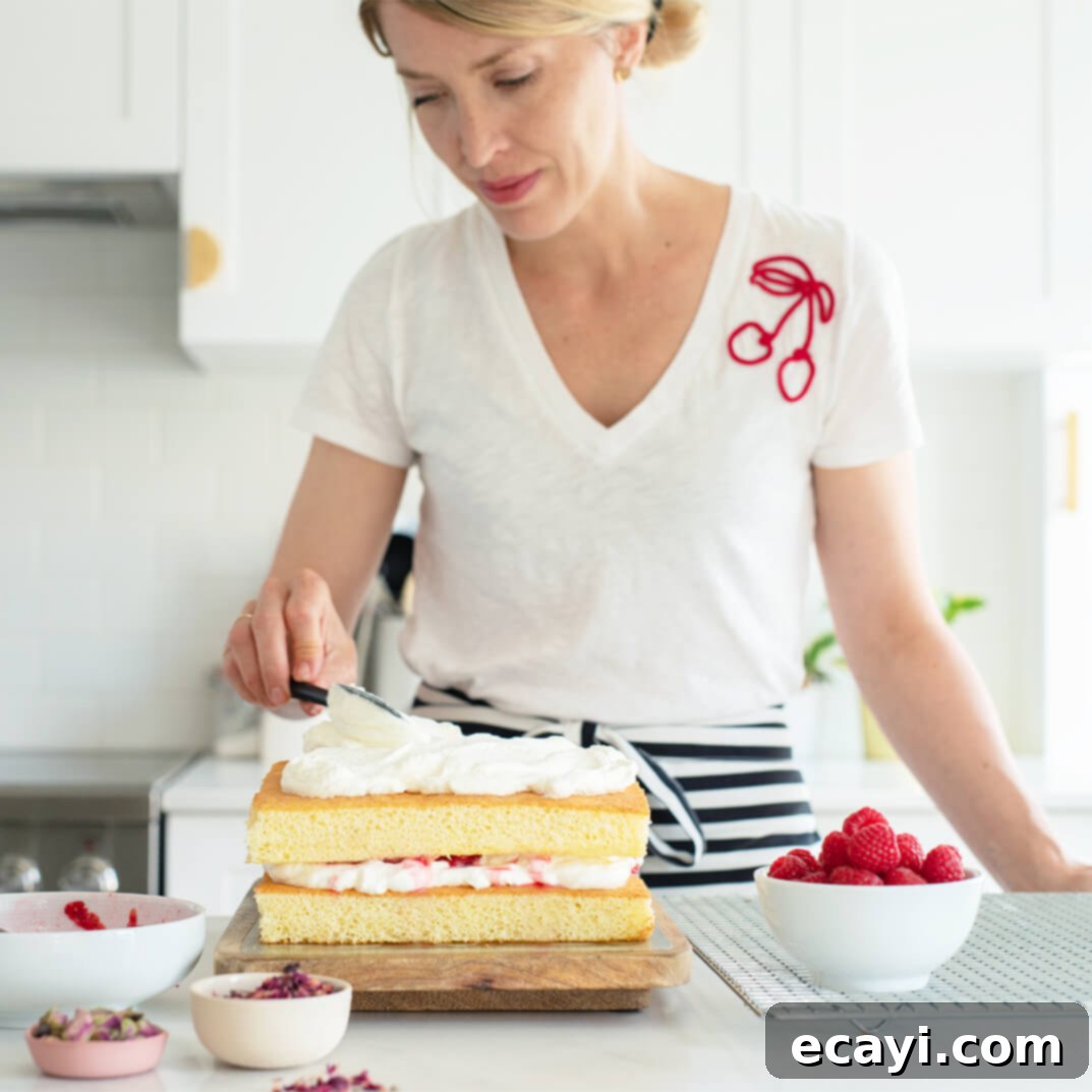 The Ultimate Easy Layered Sheet Cake 7 Top view of a beautifully assembled layered sheet cake ready to be served