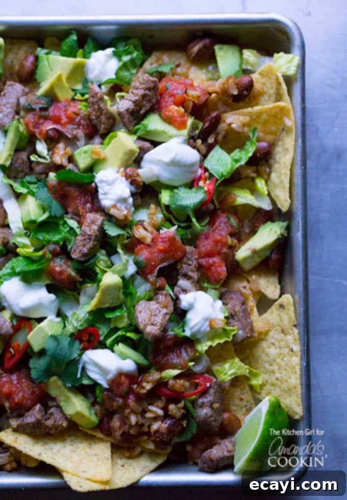 Gourmet Filet Mignon Nachos 3 An overhead photo of filet mignon steak nachos topped with beans, rice, lettuce, avocado, salsa, sour cream, and cilantro.