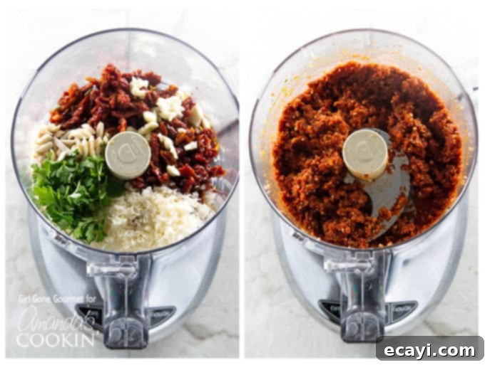 Sun-Kissed Tomato Pesto 3 Photos of sun-dried tomato pesto in a food processor.