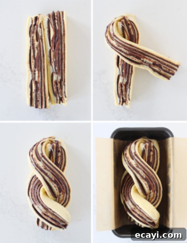 Decadent Tahini Chocolate Babka from Scratch 4 Step-by-step image demonstrating how to braid Chocolate Babka dough after spreading the filling.