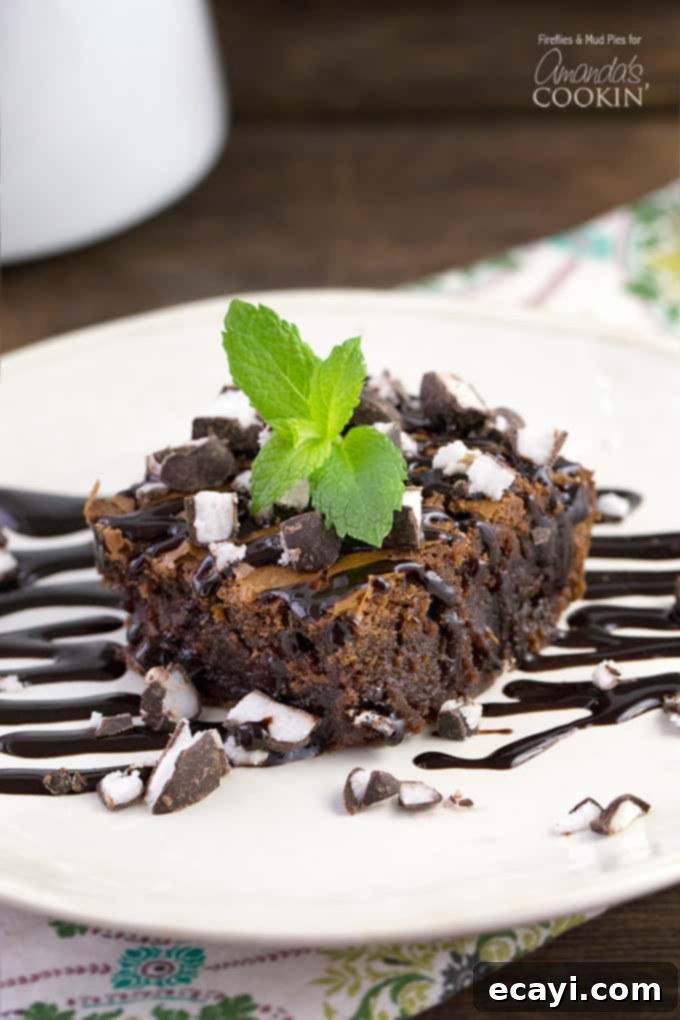 Peppermint Patty Fudge Brownies 4 A close up photo of a single, perfectly cut peppermint patty brownie, topped with a glistening drizzle of chocolate sauce and a delicate fresh mint leaf, ready to be enjoyed.