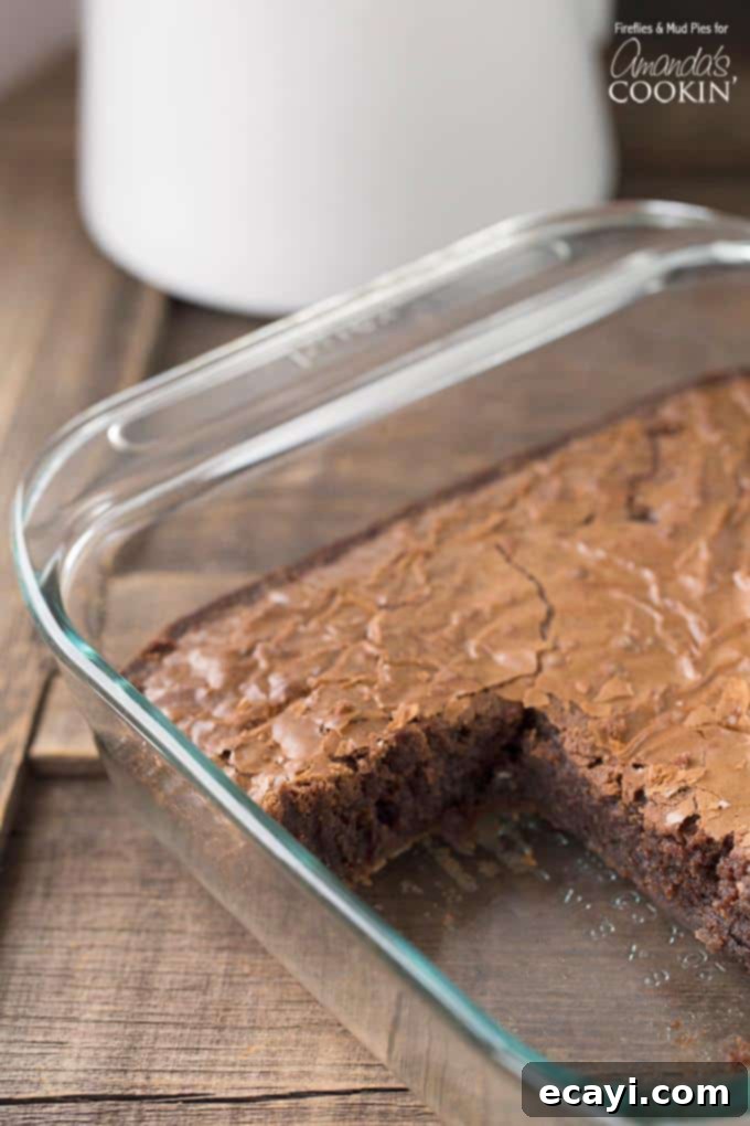 Peppermint Patty Fudge Brownies 5 A picture of a square pan filled with baked peppermint patty brownies, with one perfectly cut square already removed, revealing the dense, rich texture of the brownies and subtle pockets of melted peppermint.