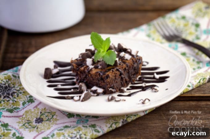 Peppermint Patty Fudge Brownies 6 A photo of a single peppermint patty brownie resting on a white plate, artfully garnished with a delicate drizzle of chocolate sauce and a fresh green mint leaf. The brownie is rich and inviting, ready to be savored.