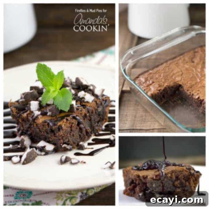 Peppermint Patty Fudge Brownies 7 Two enticing photos: one displays a perfectly cut peppermint patty brownie on a white plate, highlighting its rich texture and mint garnish, while the second shows a full pan of warm, freshly baked brownies, with one piece removed, showcasing the generous amount of melted peppermint inside.