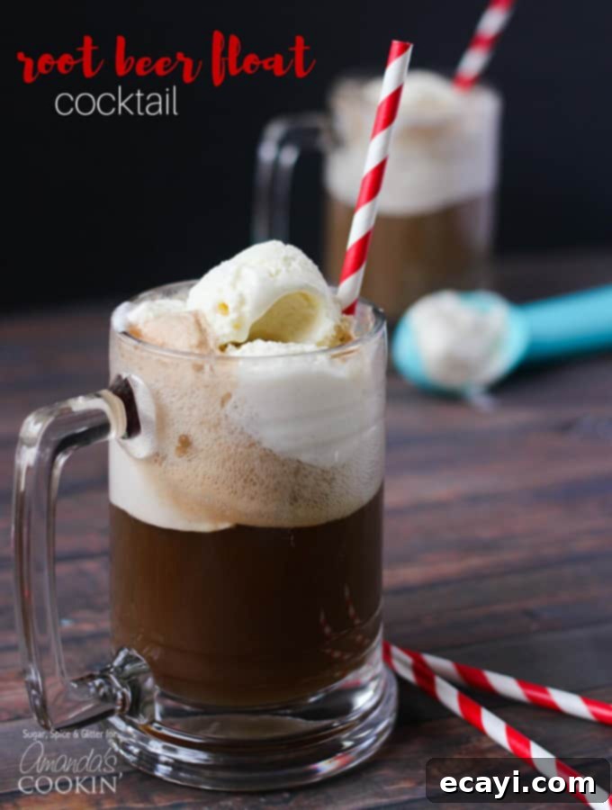 Spiked Root Beer Float 8 A close up photo of a root beer float cocktail served with a red and white straw.